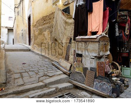 Decorative elements on the souk (market) in the old town Medina in Morocco