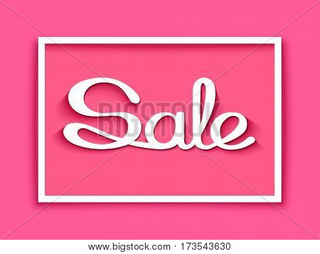 Sale banner with calligraphic inscription on pink background. Vector illustration made in paper cut out style.