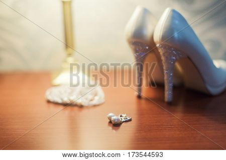 Wedding flowers and beautiful shoes decoration beauty wedding bride