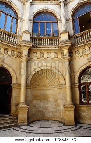 View of the Town Hall courtyard also known as the Venetian Loggia in the city centre Heraklion Crete Greece Europe.