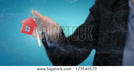 Businesswoman using invisible digital screen against grey background 3D
