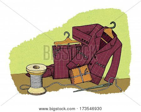 Everyday savings - men's suit on the rack with sewn pockets and knotted purse near the spools of thread and a needle and thread. Humor.
