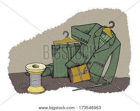 Everyday savings - men's suit on the rack with sewn pockets and knotted purse near the spools of thread and a needle and thread. Humor.