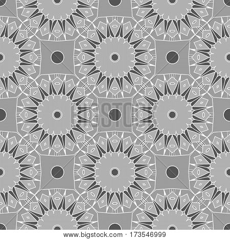 Intricate abstract seamless background. Repeating kaleidoscope pattern. Gray color. Vector