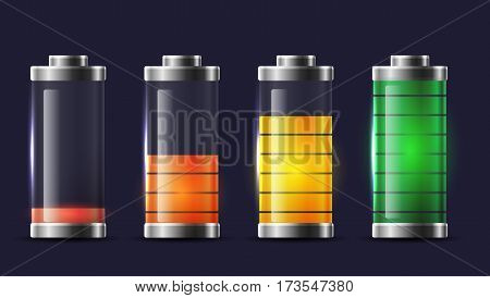 Set of various types of transparent batteries charge. Vector element for mobile phone interface elements of the site and your design