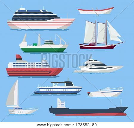 Ships and boats vector set in a flat style. Illustration of passenger and cargo ships in the sea. Icons of sea and river ships isolated from the background.