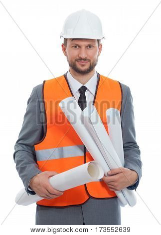 Confident developer. Confident mature businessman contractor wearing protective hardhat and fluorescent safety vest posing confidently with his blueprints copyspace isolated on white