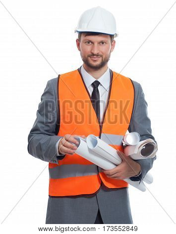 Construction pro. Vertical studio shot of a mature businessman constructionist smiling to the camera isolated on white profession job occupation specialist expert concept