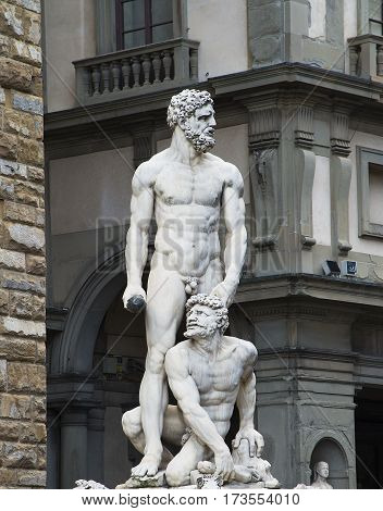 travel to Italy - statue Hercules and Cacus on Piazza della Signoria in Florence city. This work by the Florentine artist Baccio Bandinelli (1525-1534)