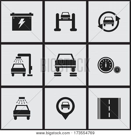 Set Of 9 Editable Traffic Icons. Includes Symbols Such As Car Lave, Vehicle Wash, Pointer And More. Can Be Used For Web, Mobile, UI And Infographic Design.