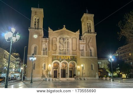 Night photo of Metropolitan Cathedral in Athens, Attica, Greece