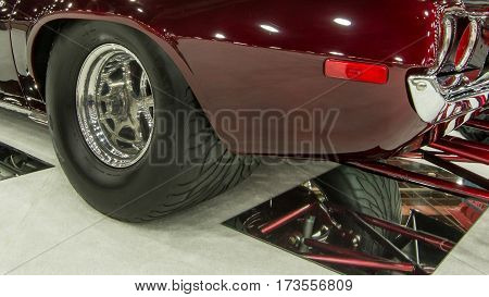 DETROIT MI/USA - February 25 2017: A 1972 Chevrolet Camaro closeup on display at the Detroit Autorama, a showcase of custom and restored cars.