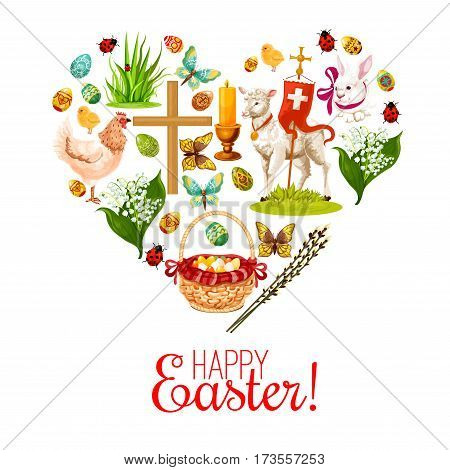 Heart of Easter holiday icons. Easter rabbit bunny with painted eggs, chicken, egg hunt basket, lily flower bunch, Easter lamb, chick, cross, candle and willow tree twig symbols for Easter design