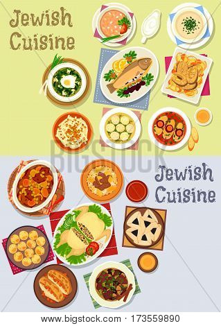 Jewish cuisine kosher food icon with fish and chicken dishes, chickpea falafel, lamb, beef bean stew, meat dumpling, lentil, sorrel soup, liver pate, radish salad, beef roast, poppy cookie
