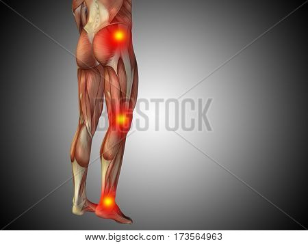 Conceptual 3D illustration of human man anatomy lower body or health design, joint or articular pain, ache or injury on gray gradient background