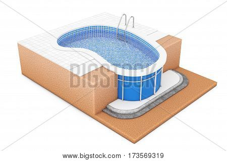 In - Ground Blue Outdoor Swimming Water Pool with Ladder Construction Plan on a white background. 3d Rendering.
