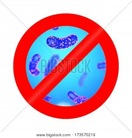 Red Prohibition Sign with closeup Bacteria Viruse Microbe on a white background. 3d Rendering.
