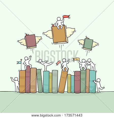Sketch of working little people with book shelf. Doodle cute miniature scene of workers and flying books. Hand drawn cartoon vector illustration for education design.