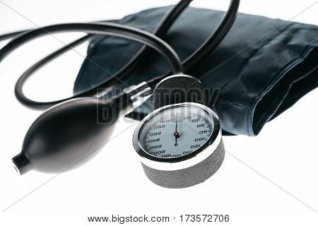 close up view of medical tonograph for measuring pressure on white