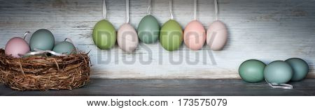 Panorama still life with pastel colored Easter eggs and a nest