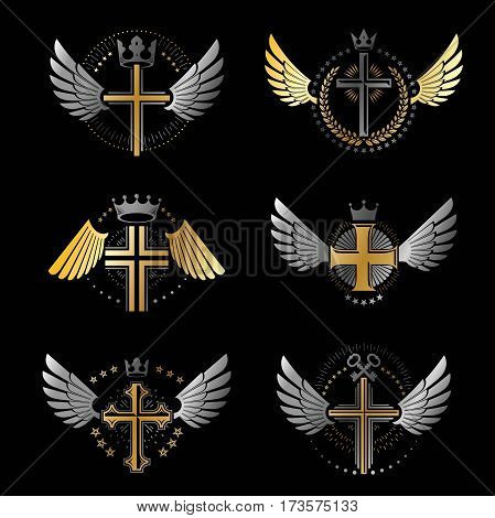 Crosses of Christianity emblems set. Heraldic vector design elements collection. Retro style label heraldry logo.