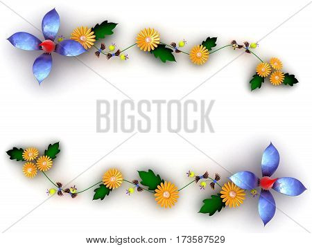 Blue and orange flowers ornament on white. 3d illustration