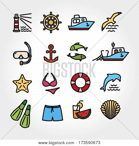 Marine line icon color, logo, logotype. Dolphin and lighthouse, seagull bird, boat ship, fishing fish. Anchor starfish swimsuit shorts fins, steering wheel lifebuoy watermelon, cocktails, shell