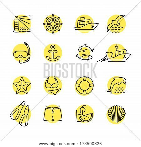Marine line icon color in circle logo, logotype. Dolphin and lighthouse, seagull bird, boat ship, fishing fish. Anchor starfish swimsuit shorts fins, steering wheel lifebuoy watermelon, shell
