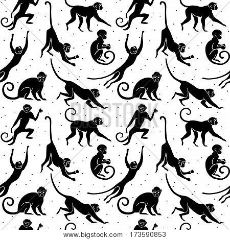 Sitting jumping running hanging walking standing fun monkey silhouette pattern. Isolated vector illustration.