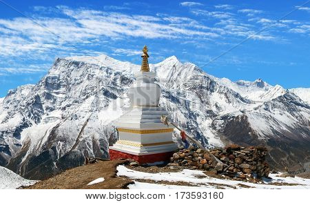 Panoramic view of Annapurna 2 II 3 III 4 IV Ganggapurna and Khangsar Kang Annapurna range with stupa way to Thorung La pass round Annapurna circuit trekking trail Nepal