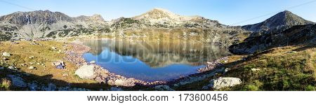 Morning panoramic mountain view from romanian Carpathian mountains Bucura lake and Retezat mountains Romania