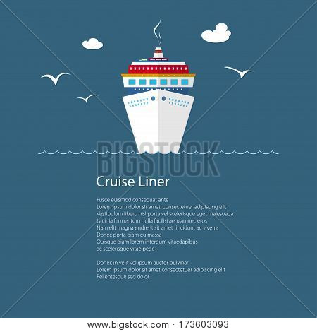 Cruise Ship at Sea and Text, Front View of the Liner, Travel Concept, Poster Brochure Flyer Design, Vector Illustration