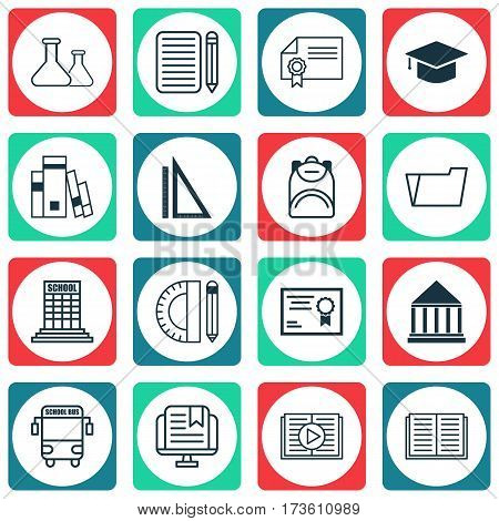 Set Of 16 School Icons. Includes Taped Book, Certificate, Haversack And Other Symbols. Beautiful Design Elements.