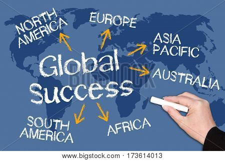 Global Success - text with arrows on blue world map background