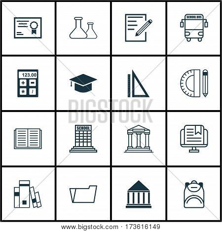 Set Of 16 School Icons. Includes Haversack, Paper, Measurement And Other Symbols. Beautiful Design Elements.