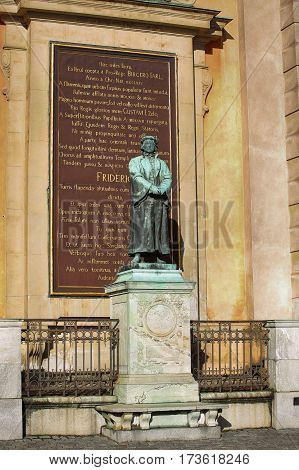 STOCKHOLM SWEDEN - AUGUST 19 2016: Statue of the writer Olaus Petri in Storkyrkan on Gamla stan statue by the Swedish sculptor Theodor Lundberg in 1898. in Stockholm Sweden on August 19 2016.