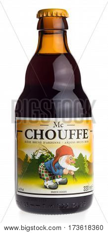 GRONINGEN, NETHERLANDS - FEBRUARY 26, 2017: Bottle of Belgian Mc Chouffe dark beer isolated on a white background