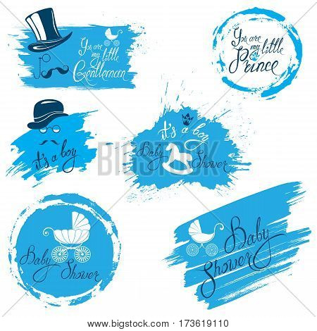 Baby boy shower set in grunge style. Calligraphic text You are my little gentleman / prince crown hat and mustache. Vintage elements for invitation card etc.