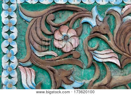 Carvings Vintage Style Floral on The Tree Seamless Pattern on Wooden Background Texture