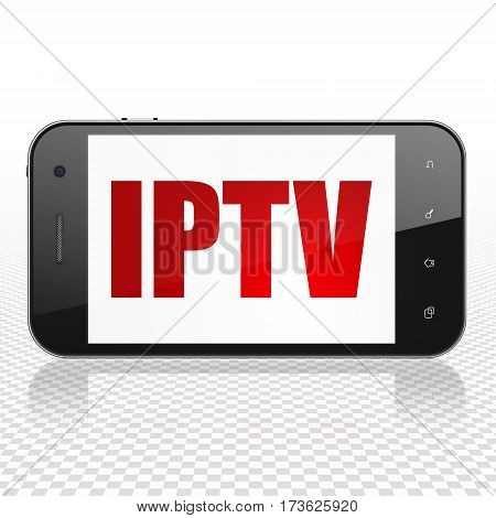 Web design concept: Smartphone with  red text IPTV on display,  Tag Cloud background, 3D rendering