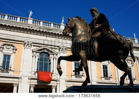 Piazza del Campidoglio - Statue Marco Aurelio at the Capitoline Hill in Rome Italy