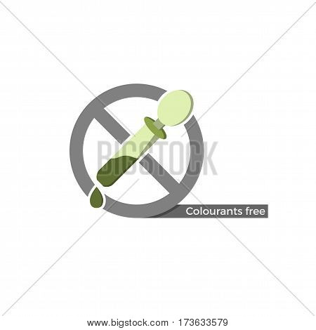 Dye free food or cosmetics label. Vector illustration in flat design and eco-style colors. Icon of a dropper, crossed by 