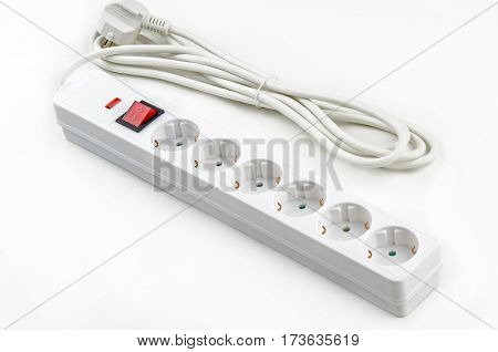 White Electroextension six sockets isolated on white background