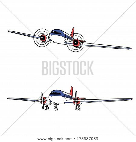 Vector illustration passenger propeller aircraft in the static state and in flight on a white background
