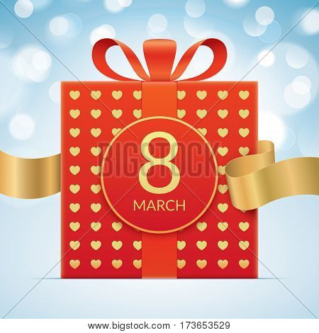 8 march greeting card template, with red gift box and golden ribbon, isolated on a blue bokeh background. International womens day greeting car design.