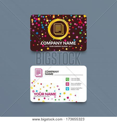 Business card template with confetti pieces. Copy file sign icon. Duplicate document symbol. Phone, web and location icons. Visiting card  Vector