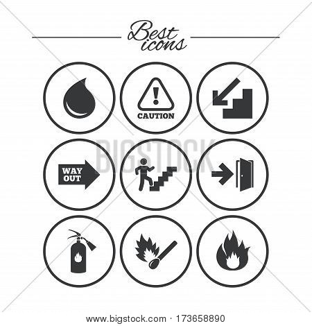 Fire safety, emergency icons. Fire extinguisher, exit and attention signs. Caution, water drop and way out symbols. Classic simple flat icons. Vector
