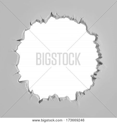 3d rendering of a grey plaster wall with a large round torn hole in the middle. Construction works. Breakage and failure. Fix and repair.