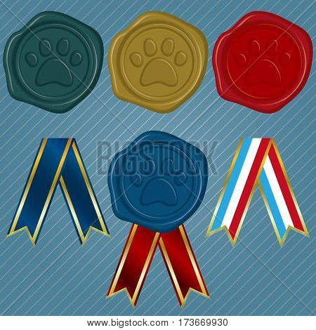 Different color Wax Seals with embossed Paw and different collection of ribbon
