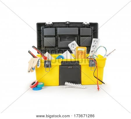 Chest with tools on white background